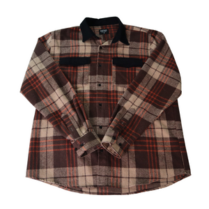 Brown oversized checked shirt Flannel with corduroy collar and pocket flap detail with white defensive logo embroidery on the back